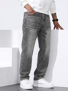 QuarKem Men's Washed Grey Denim Jeans Casual Versatile Slim Fit Long Pants - Grey - View 4