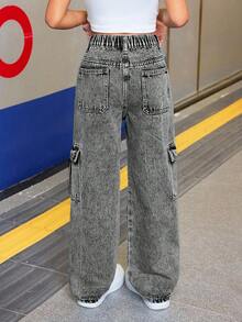 SHEIN Tween Girl Casual Baggy Denim Jeans With Flap Pockets And Contrast Stitching Details Straight Leg Cargo Jeans, For Spring And Summer Fall Winter - Black - View 2