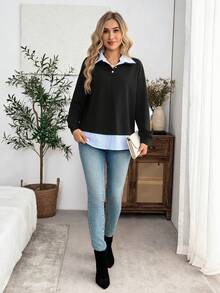 EMERY ROSE Women's 2 In 1 Patchwork Casual Preppy Versatile Daily Wear Long Sleeve Sweatshirt Blue And White Stripe Autumn Teachers' Day Office School - Black - View 5