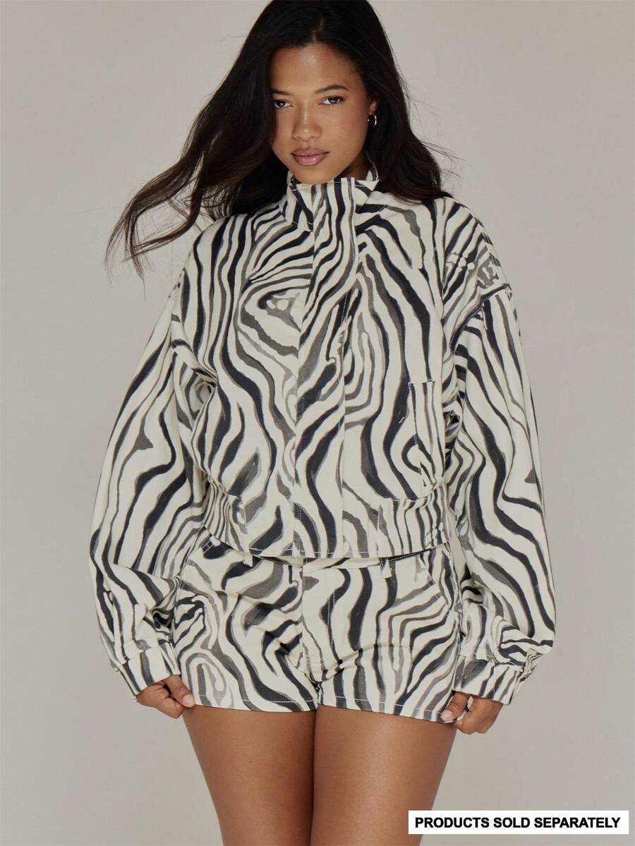 MUSERA Jaket Wanita Motif Zebra Kerah Corong dengan Resleting untuk Musim Gugur dan Musim Dingin, Cocok untuk Acara Keluar Rumah - MultiWarna - View 1
