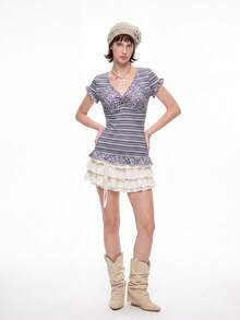 Bloopia Knit Striped Patchwork Grey Leopard Print Short Sleeve Top T-Shirt Summer Y2k Cute Date Night Everyday Autume/Winter Halloween - Multicolor - View 6