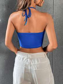 BamGleam Cut Out Crisscross Front Crop Halter Top - Blue - View 3