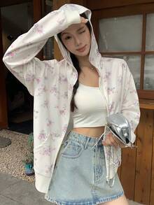 DAZY 秋季連帽長袖米白色碎花拉鍊式寬鬆短版甜美休閒約會通勤女款運動衫 - 白色 - 查看 13