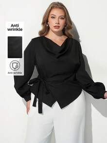 Maija Plus Size Elegant Commuter Solid Color Tie Wrap Blouse - Black - View 1