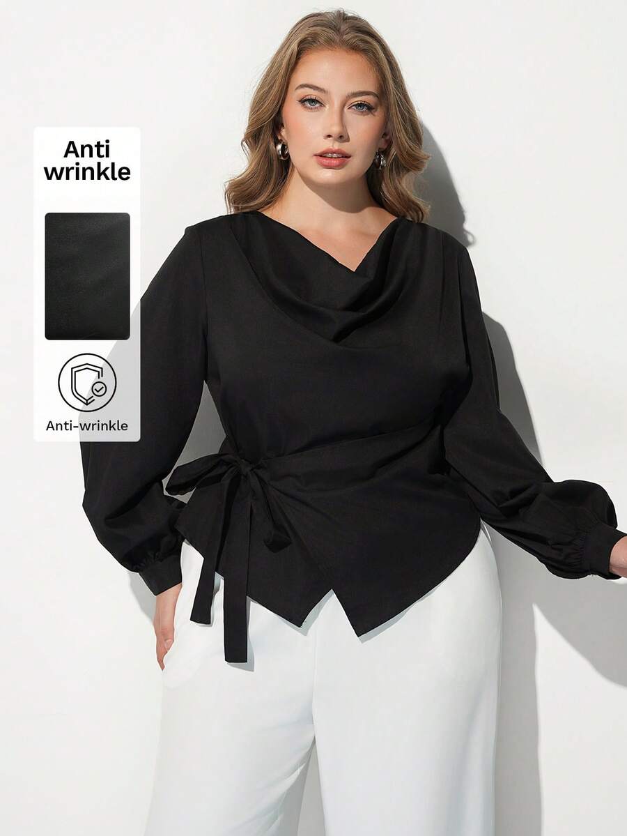 Maija Plus Size Elegant Commuter Solid Color Tie Wrap Blouse - Black - View 1