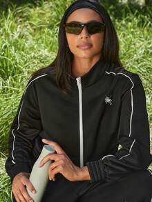 Voyena Women's Plus Size Equestrian Embroidered Striped Colorblock Zip-Up Sports Jacket - Black - View 4