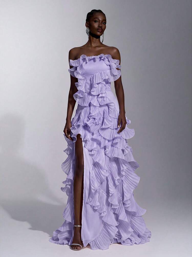 Elitara Elegant Luxurious Beaded Sequin Embroidered Lace Organza Pleated Ruffle Design Sexy Strapless Slit Mermaid A-Line Back Tie Dress Suitable For Wedding Events Bachelorette Party Vacation Ball Evening Party (Heavy Workmanship) - Mauve Purple - View 5