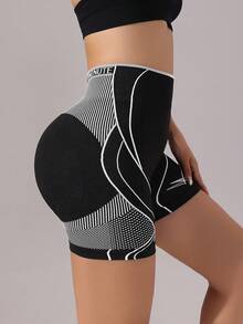 SHEIN Sports 條紋印花無縫高彈性瑜伽健身運動短褲 - 黑與白 - 查看 4