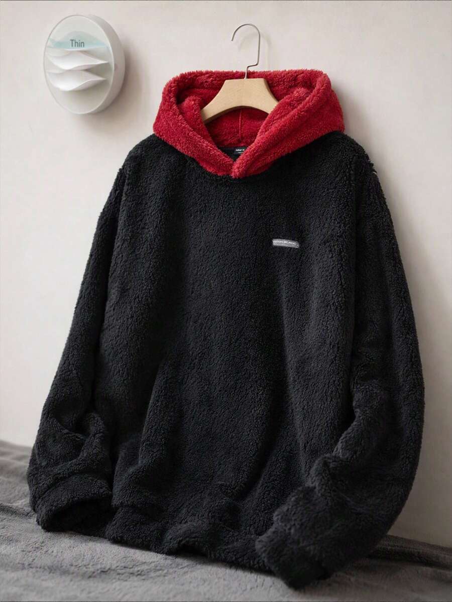 Mainfolk Men's Casual Fleece Patchwork Hooded Sweatshirt - Black - View 1