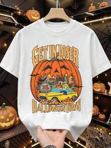 Manfinity Dauomo Loser Halloween Town Vintage T-Shirt, Skeleton Taxi Pumpkin Castle Graphic Crew Neck T-Shirt, Casual Loose Short Sleeve Top, Vintage Halloween Town Pumpkin Bat Print Men's T-Shirt - White - View 1