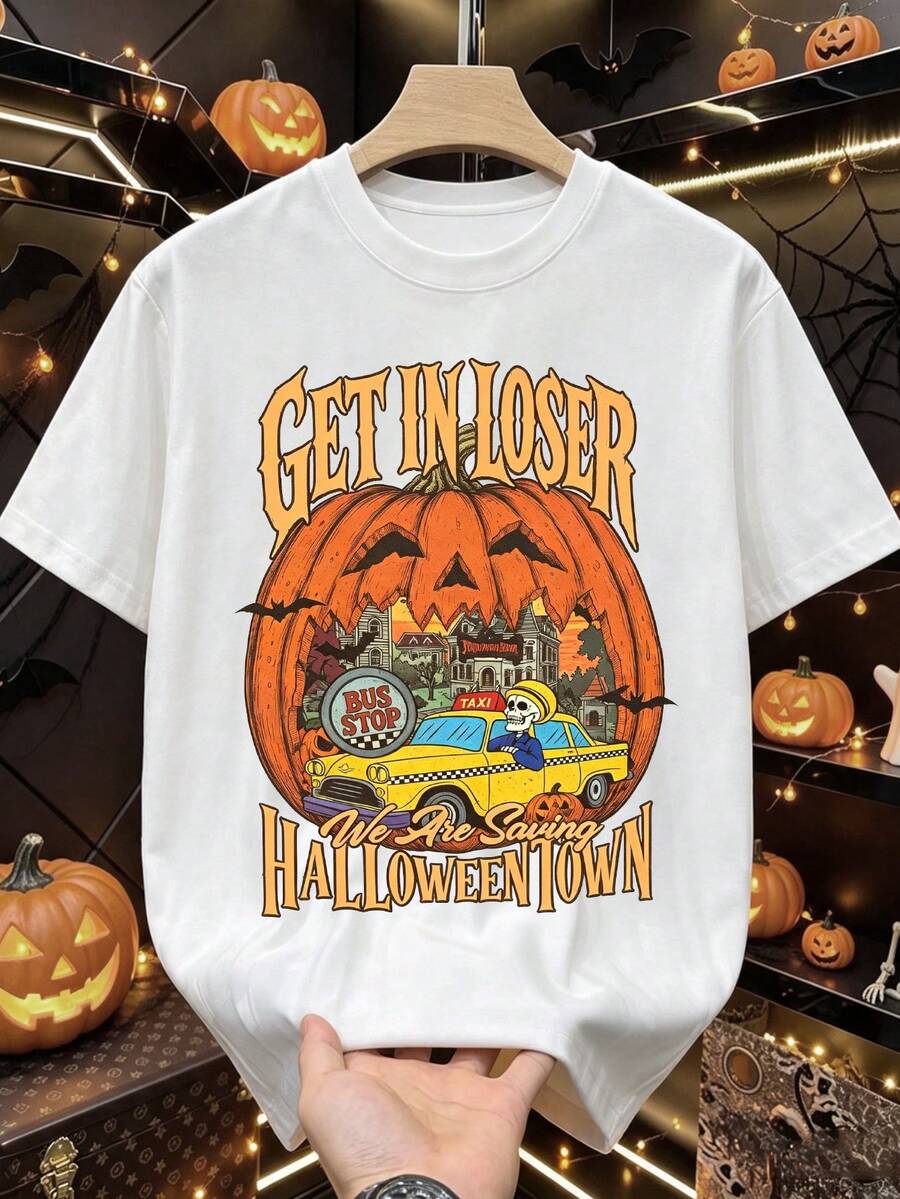 Manfinity Dauomo Loser Halloween Town Vintage T-Shirt, Skeleton Taxi Pumpkin Castle Graphic Crew Neck T-Shirt, Casual Loose Short Sleeve Top, Vintage Halloween Town Pumpkin Bat Print Men's T-Shirt - White - View 1