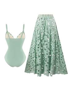 Sirith Summer New Shoulder Strap Black Laser Cutout Hollow See-Through Sexy Women's One-Piece Swimsuit Dress Set High-End Fashion One-Piece Set - Green - View 7
