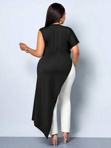 SOLERSUN Plus Size Women's Spring And Summer Solid Color Small Stand Up Collar Slit Long T-Shirt - Black - View 5