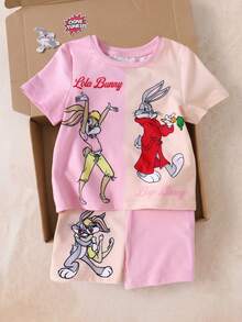 LOONEY TUNES X SHEIN Baby Girl Cartoon Print Colorblock Round Neck Short Sleeve T-Shirt And Casual Fitted Shorts Set - Pink - View 3