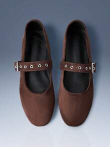 CUCCOO GRLICON Solid Color Buckle Design Round Toe Flat Bottom Elegant Commuter Brown Suede Ladies Flat Bottom Shoes Dating Afternoon Tea Fall Shoes - Brown - View 1
