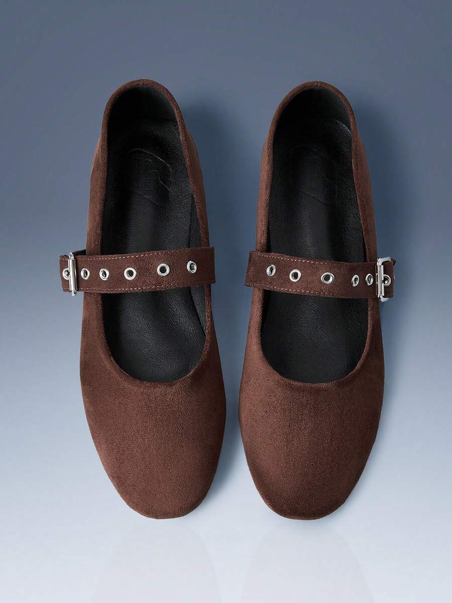 CUCCOO GRLICON Solid Color Buckle Design Round Toe Flat Bottom Elegant Commuter Brown Suede Ladies Flat Bottom Shoes Dating Afternoon Tea Fall Shoes - Brown - View 1