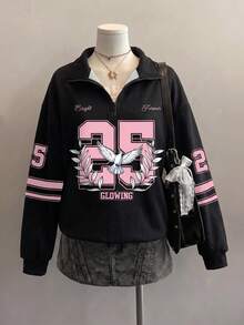 Attitoon 女款休閒復古半拉鍊寬鬆運動衫，大數字印花，秋冬女裝 - 彩色 - 查看 6