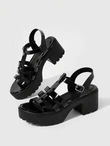 HighSole 女款時尚高跟綁帶涼鞋，簡約休閒日常穿搭 - 黑色鏡面 - 查看 2
