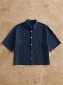 HIMLAND Men's Summer Casual Versatile Solid Color Shirt - Blue - View 2