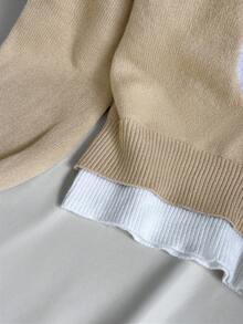 GlowEve Women's Deep V-Neck Lapel 2 In 1 Patchwork Lantern Long Sleeve Ribbed Cuffed Hem Sweater Brunch Office Camel White Autumn Casual - Multicolor - View 6