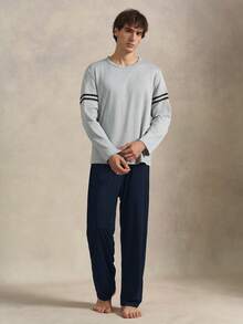 EverLounge 男士条纹圆领长袖上衣和裤子睡衣套装，秋冬服装 - 彩色 - 查看 3