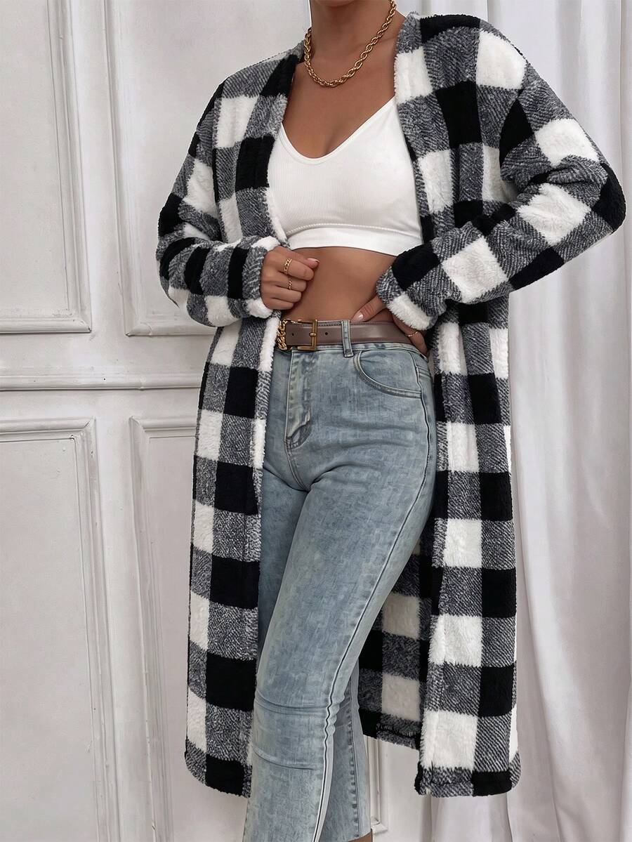 SHEIN 女款格紋休閒百搭日常外出長袖夾克 - 黑與白 - 查看 1