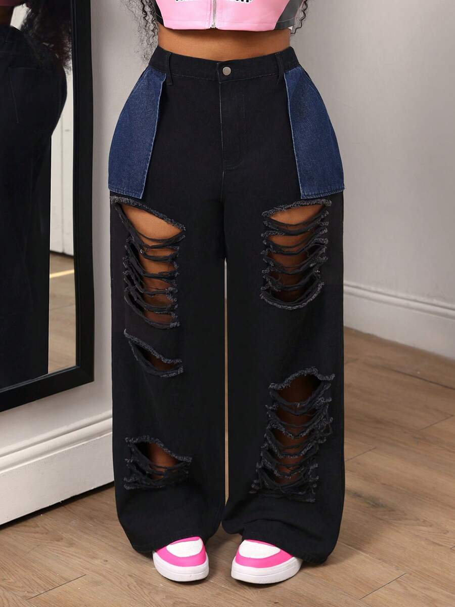 Slaydiva Celana Jeans Denim Kasual untuk Wanita Ukuran Besar dengan Desain Kancing Bertekstur untuk Pemakaian Sehari-hari - Hitam - View 1