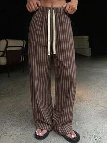 DAZY Women's New Loose Drawstring Striped Wide Leg Casual Pants Cute Tops - Coffee Brown - View 5