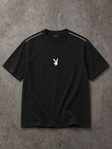 PLAYBOY X SUMWON Bunny Logo Crew Neck Short Sleeve Slim Fit T-Shirt With Contrast Shoulder Piping Detail Summer Essential - Black - View 1