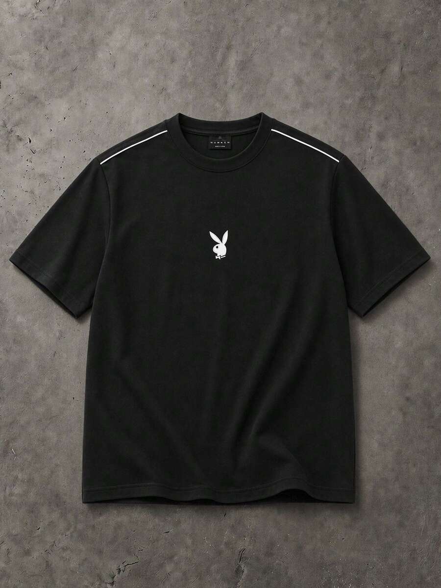 PLAYBOY X SUMWON Bunny Logo Crew Neck Short Sleeve Slim Fit T-Shirt With Contrast Shoulder Piping Detail Summer Essential - Black - View 1