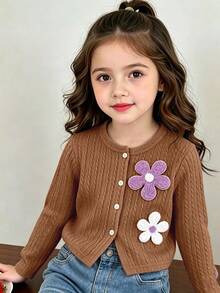 SHEIN Elladie kids 女童柔軟紋理麻花針織開襟衫，可愛優雅甜美公主風，百搭時尚外套，適合春、夏、秋季，日常穿著、聚會、派對、外出、上學 - 棕色 - 查看 3