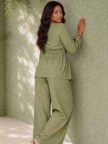 ELLERISSA Plus Size Green Textured Tie Front Blouson Sleeve Top & Wide Leg Pants Co-Ord Set Fall - Green - View 2