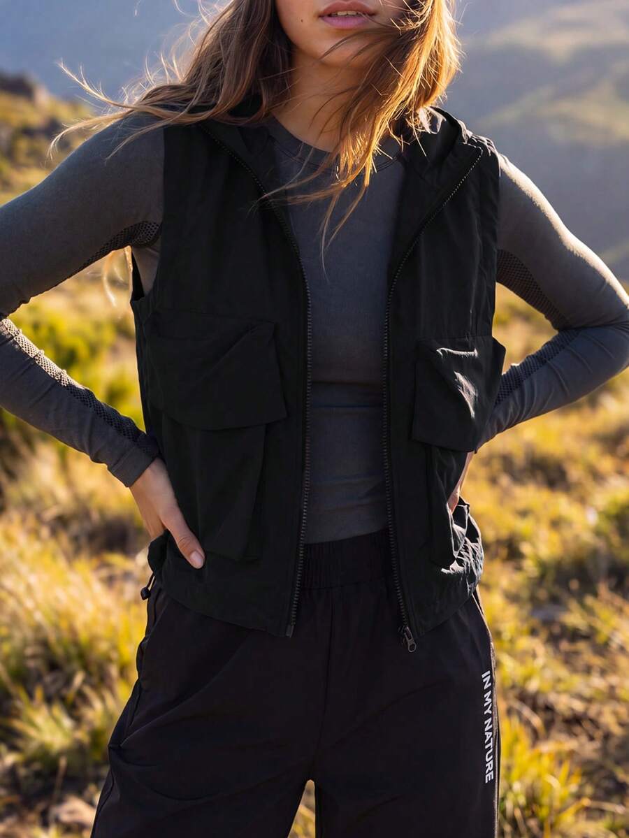 Exploreva Exploreva Women's Zipper Front Utility Pocket Outdoor Vest Jacket - Black - View 1