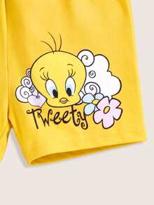 LOONEY TUNES X SHEIN 女嬰卡通Tweety彩虹俏皮印花玫瑰粉可愛休閒短袖T恤與短褲套裝 - 黃色 - 查看 7