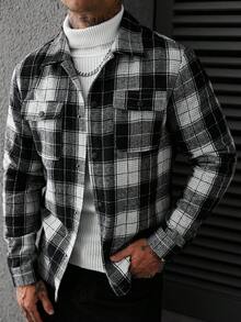Manfinity Homme 男士休閒時尚黑白格紋百搭優雅羊毛 - 黑與白 - 查看 3