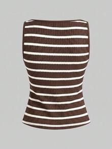 Lavishia 女款棕色條紋單排扣背心短褲休閒兩件套，海灘夏季穿搭 - 咖啡棕 - 查看 2