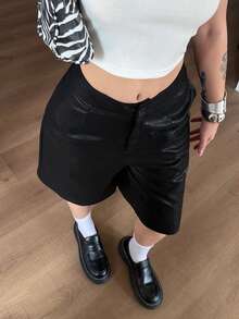 DAZY Women's High Waist Black PU Leather Shorts, Loose Casual Streetwear Commuter Office Pants, Autumn - Black - View 5