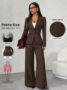 SHEIN PETITE 女款條紋單排扣長袖夾克與長褲休閒日常套裝 - 棕色 - 查看 2