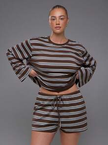 Voyena Women's Plus Size Striped Colorblock Long Sleeve Top And Shorts Casual Daily Sports Set - Coffee Brown - View 3