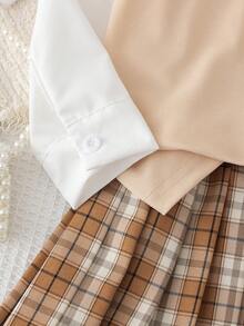 SHEIN Elladie kids 少女棕色格紋 2 合 1 英式學院風百褶裙套裝，翻領長袖內搭上衣 + 白色背心一體式設計，蝴蝶結，秋季 - 卡其色 - 查看 6