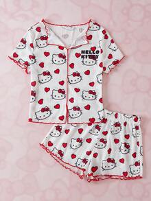 HELLO KITTY AND FRIENDS | SHEIN 女款卡通印花短袖上衣與短褲睡衣套裝 - 紅白色 - 查看 1