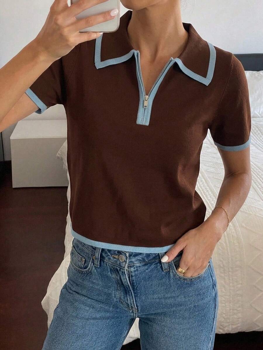 Firerie Women's Colorblock Casual Versatile Daily Wear Knit Short Sleeve Top - Brown - View 1