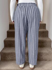 SHEIN LUNE Plus Size Casual Commuter Formal Home Wear Blue And White Pants Vacation Autumn Fall - Dark Grey - View 2
