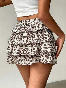Rina Fox Leopard Print Fluffy Ruffle Hem Cake Skirt, Spring/Summer Style - Apricot - View 3