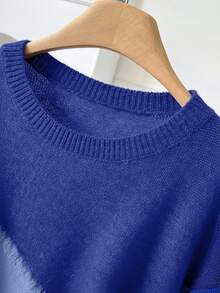 CosyJoli Plus Size Casual Cat Whisker Tassel Color Block Crew Neck Pullover Sweater Autumn Winter Clothes For Women - Blue - View 3