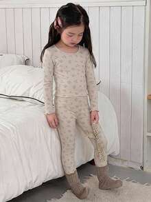 DAZY Ditsy Floral Fitted Long Sleeve Top And Long Pants 2 Pieces Set, Young Girls Ditsy Floral Round Neck Loungewear Fall - Beige - View 2