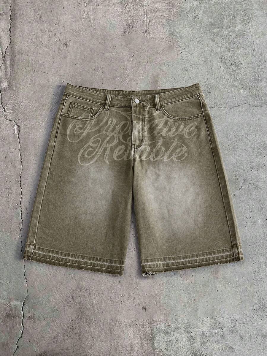 AXEPEAK Quần short denim nam giặt mài rách in chữ - Màu xanh lá cây đậm - Xem 1