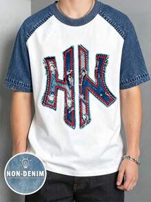 (1 Pc) Boys' Fashion Casual Minimalist Icon Red Trim Patchwork Graphic Basic Short Sleeve T-Shirt, Comfortable For All Seasons, Daily Wear - Multicolor - View 6