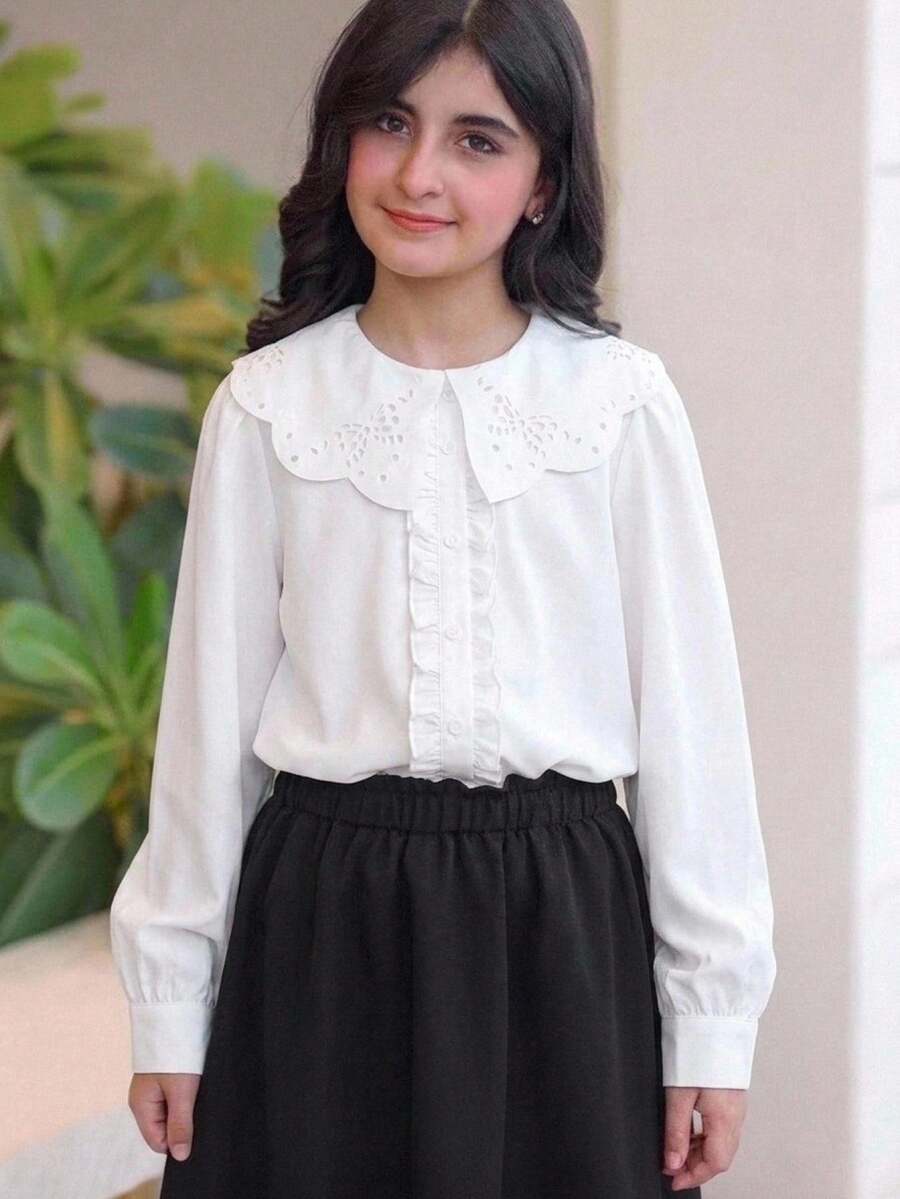 SHEIN Tween女孩誇張大領口燒花蝴蝶結圖案長袖白色襯衫,返校季 - 白色 - 查看 1