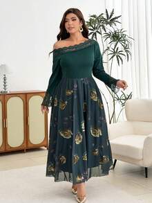 Modelyn Gaun Elegan Motif Jala Mawar, Patchwork Warna Solid, Kerah Renda, Bahu Terbuka, Lengan Panjang, Pinggang Terikat, Potongan A-Line Regular Fit Ukuran Plus untuk Musim Semi dan Gugur - Dark Green - View 5